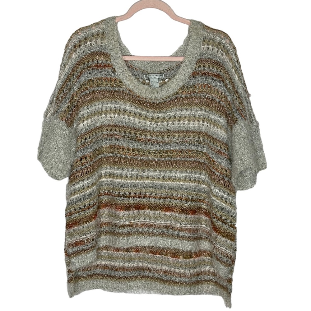 Alberto Makali Soft And Fuzzy Wool Blend Open Knit Metallic Striped Sweater
